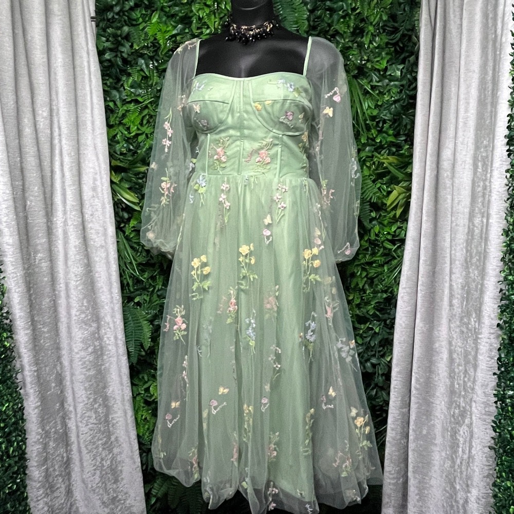 Formal Dress Size 22 Green Floral Embroidered Tulle Corset Midi Puff Sleeve 4196